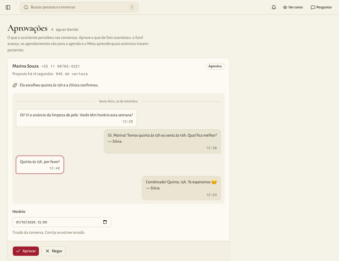 Um cartão de aprovação: o resumo, a conversa e o horário tirado dela.
